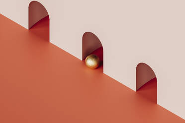 3D-Rendering einer goldenen Kugel, die aus einem rosa Tunnel auftaucht - GCAF00309