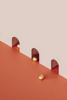 3D-Rendering von goldenen Kugeln, die aus rosa Tunneln auftauchen - GCAF00310