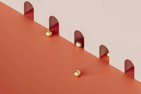 3D-Rendering von goldenen Kugeln, die aus rosa Tunneln auftauchen - GCAF00311