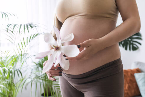 Schwangere Frau hält Blume zu Hause - AAZF00433