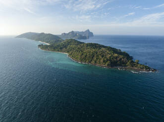 Thailand, Krabi Province, Drone view of forested island in Phi Phi Islands archipelago - CVF02407