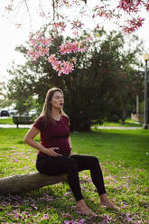Schwangere Frau beim Meditieren auf einem Baumstamm sitzend auf dem Rasen - DCRF01602