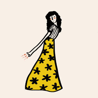 Vektor-Bild in voller Länge von lächelnden Frau mit langen dunklen Haaren in gelben Hosen mit schwarzen Blumen tanzen auf rosa Hintergrund - ADSF43836