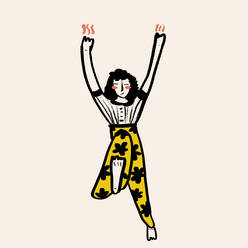 Vektor-Illustration ganzer Körper der glücklichen Frau mit lockigen schwarzen Haaren in gelben Hosen tanzen mit erhobenen Armen und Bein auf rosa Hintergrund - ADSF43838