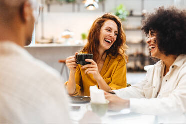 Freunde lächeln fröhlich, während sie in einem Restaurant zusammensitzen und einen guten Kaffee, gute Gesellschaft und eine entspannte Atmosphäre genießen. Eine Gruppe junger Leute unterhält sich in einem Café. - JLPSF30087
