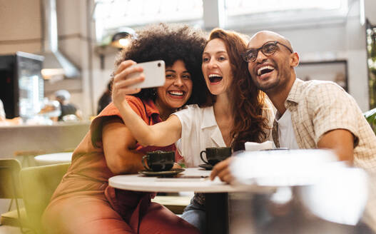 Three cheerful friends taking a selfie while hanging out together in a cozy coffee shop. Group of happy friends having fun and creating memories during a social gathering. - JLPSF30095