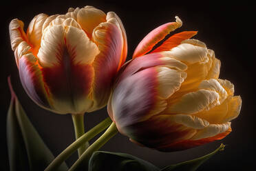 Zarte hell blühende Tulpen mit zarten Blütenblättern und dünnen Stielen vor schwarzem Hintergrund - ADSF43943