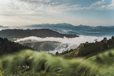 Malerische Landschaft mit hohen, wolkenverhangenen Bergen unter blauem Himmel in Asturien - ADSF43955