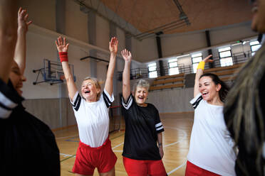 Eine Gruppe junger und älterer Frauen, Sportlerinnen, in der Turnhalle, die den Sieg feiern. - HPIF09345