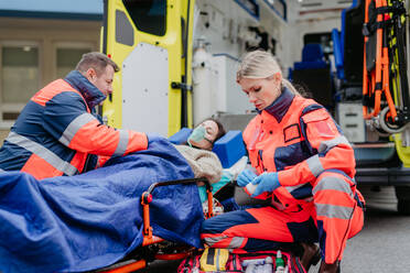 Rescuers taking care of a patient, preparing her for transport. - HPIF09454