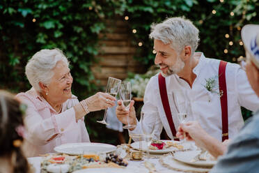 Älterer Bräutigam stößt mit seiner Schwiegermutter bei der Hochzeitsfeier im Hinterhof an. - HPIF09566
