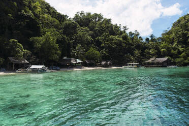 Meer mit Hütten und Bäumen auf der Insel Coron in den Philippinen - PNAF05271