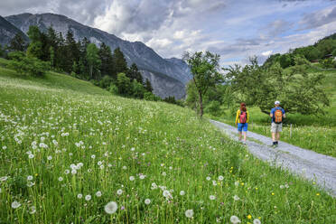 Österreich, Tirol, Mann und Frau wandern von Landeck nach Ehrwald - ANSF00286