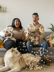Excited couple celebrating on sofa by dog at home - JCCMF10375