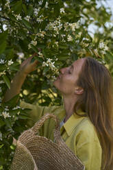 Frau riecht an Orangenblüten im Obstgarten - ANNF00222