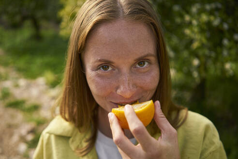 Smiling woman eating juicy orange in orchard - ANNF00243