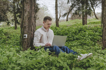 Businessman using laptop charging with outlet on tree in forest - YTF00777