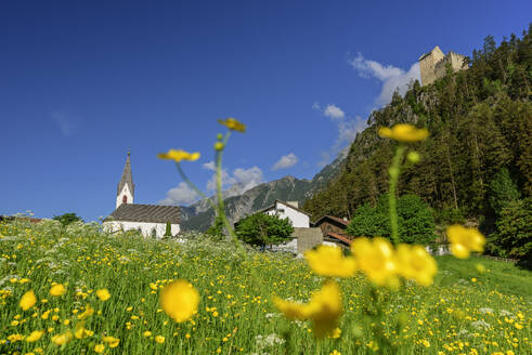 Österreich, Tirol, Sommerwiese vor dem Dorf am Fuße der Kronburg - ANSF00352