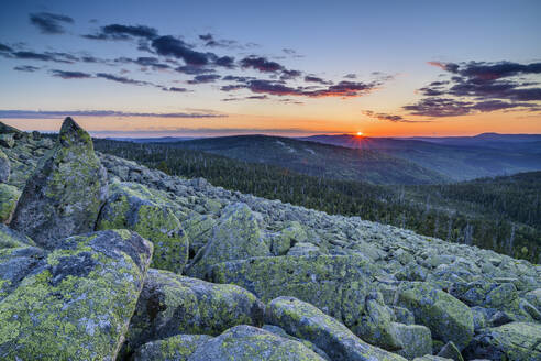 Germany, Bavaria, View from rocky summit of Lusen mountain at sunset - ANSF00366