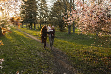 Parents running with daughter on grass at park - VIVF00928