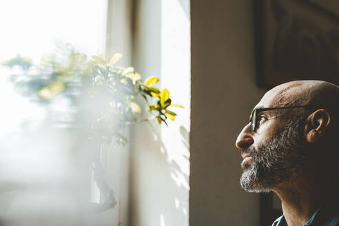 Mature man wearing eyeglasses looking out of window at home - JOSEF19059