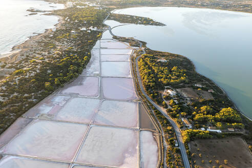 Spain, Balearic Islands, Formentera, Drone view of salt flats in Ses Salines Natural Park - MMAF01481