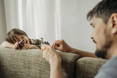 Father and son playing with toy dinosaurs on sofa at home - ANAF01407