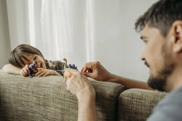Vater und Sohn spielen mit Spielzeugdinosauriern auf dem Sofa zu Hause - ANAF01407