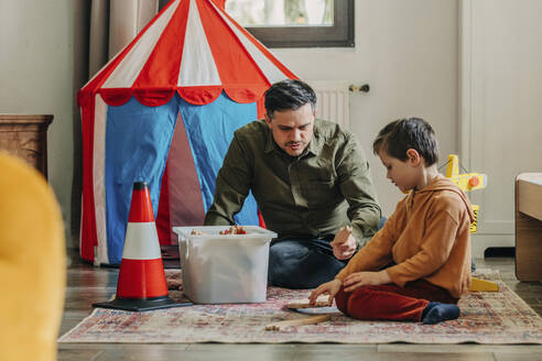 Vater und Sohn spielen mit Spielzeug zu Hause sitzend - VSNF00829