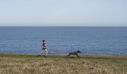 Junge Frau läuft mit Hund am Meer - SNF01637
