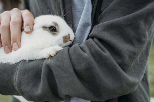 Mann trägt süßes weißes Kaninchen - ANAF01423