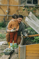 Father and son planting vegetable seedling in cold frame at garden - VSNF00880