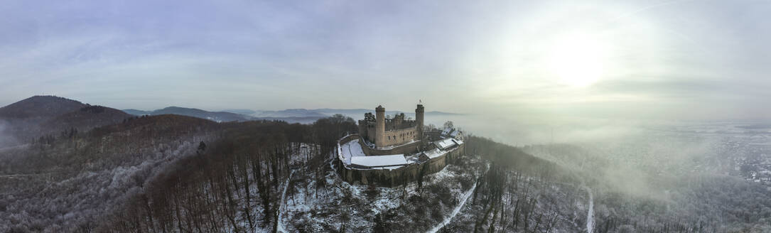 Germany, Hesse, Bensheim, Aerial panorama of Auerbach Castle at winter sunset - AMF09913