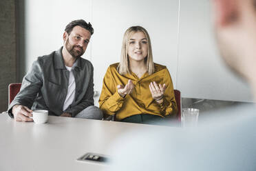 Geschäftsfrau, die einem Kollegen in einer Besprechung im Büro etwas erklärt - UUF28552