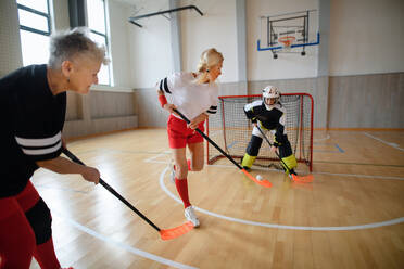 Mehrgenerationen-Frauen-Floorballteam beim gemeinsamen Spiel in der Turnhalle. - HPIF09606