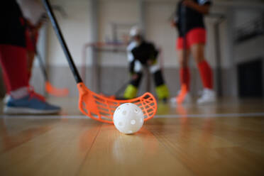 Nahaufnahme von Unihockeyschläger und Ball während eines Unihockeyspiels einer Frau in einer Turnhalle. - HPIF09609