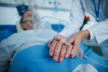 Nahaufnahme einer Krankenschwester, die eine Kanüle an der Hand des Patienten anbringt. - HPIF10249