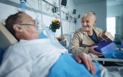 Senior woman visiting her husband in hospital, bringing him gifts. - HPIF10312