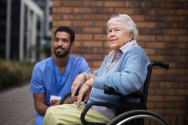 Glückliche ältere Frau im Rollstuhl, die mit ihrer Assistentin Zeit im Freien verbringt. - HPIF10443