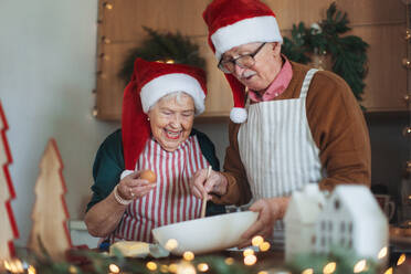 Happy seniors baking Christmas cakes together. - HPIF10461