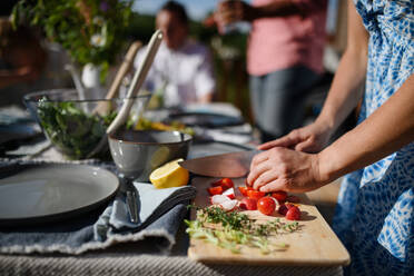 Eine unerkennbare Frau schneidet Gemüse auf einem Holzbrett während eines Wochenendgrillfestes im Hof, im Freien, bereitet sich auf das Grillen vor, - HPIF10735