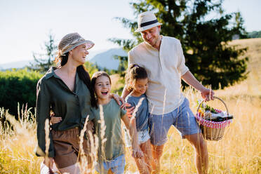 Eine glückliche junge Eltern mit Töchtern zu Fuß für Picknick in der Natur im Sommer Tag. - HPIF10834