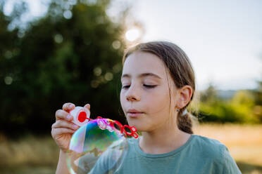 Little girl having fun while blowing a soap bubbles on a summer day in nature. - HPIF10843