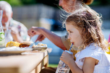 Eine Familie isst bei einer Grillparty im Garten, ein kleines Mädchen trinkt Wasser und genießt es. - HPIF10912