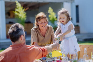 A multi generation family having garden party celebration, little girl is pouring juice to her father. - HPIF10913