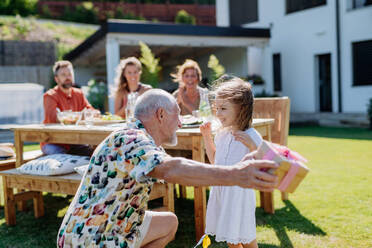 A happy little girl giving birthday present to her senior grandfather at generation family birthday party in summer garden. - HPIF10926