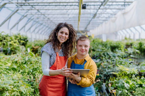 An experienced woman florist helping young employee with Down syndrome to check flowers on tablet in garden centre. - HPIF10997