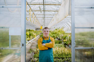 A young employee with Down syndrome working in garden centre, looking at camera. - HPIF11031