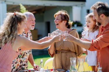 Eine Mehrgenerationenfamilie feiert eine Gartenparty, stößt an und lacht. - HPIF11053