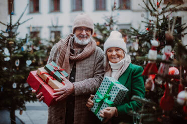 Glückliches älteres Paar genießt den Weihnachtsmarkt im Freien, kauft Geschenke und Weihnachtsbaum. - HPIF11173